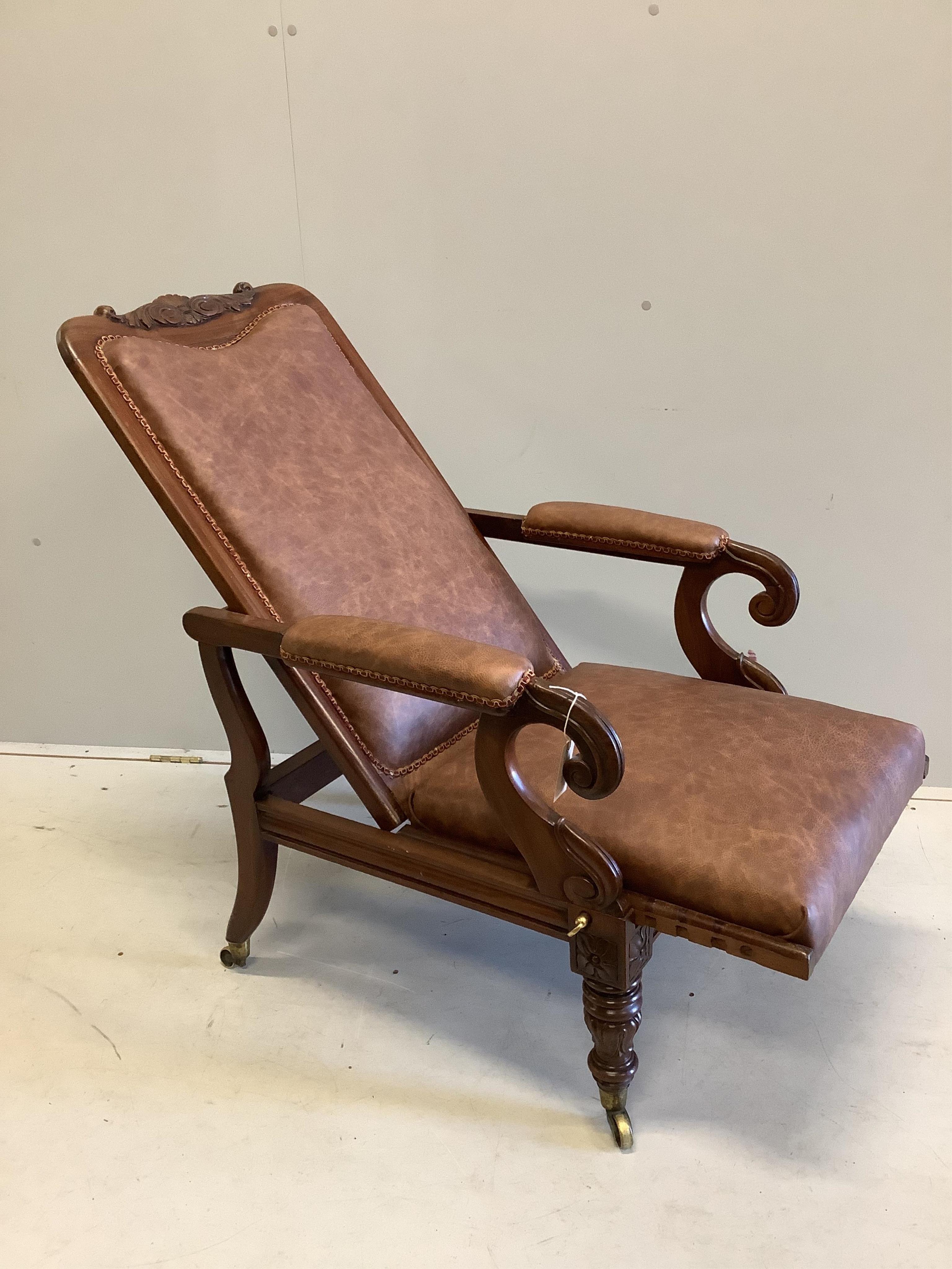 A William IV mahogany reclining open armchair, width 63cm, depth 66cm, height 114cm. Condition - fair to good.